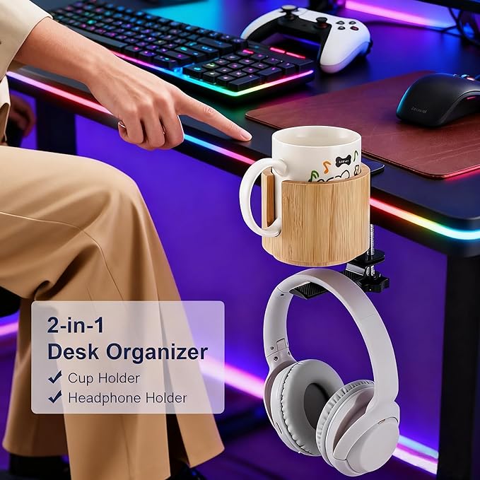 Nnewvante Desk Cup Holder, 2 in 1 360° Rotating Headphone Hanger Under Desk, 360° Anti-Spill Cup Holder, Table Cup Holder for Water Bottles, Gaming Desk Accessories - Bamboo