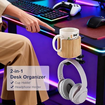 Nnewvante Desk Cup Holder, 2 in 1 360° Rotating Headphone Hanger Under Desk, 360° Anti-Spill Cup Holder, Table Cup Holder for Water Bottles, Gaming Desk Accessories - Bamboo