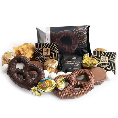 Oh! Nuts Chocolate Gift Basket - 6 Section Candy Square Metal Tin Box - Gourmet Assorted Chocolate Gifts Baskets - Healthy Chocolate Gifts Box for Birthday, Holiday, Corporate, Family, Men & Women