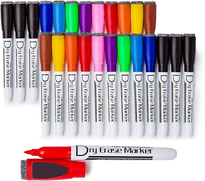 Volcanics Magnetic Dry Erase Markers With Eraser Fine Tip Low Odor Thin Whiteboard Markers for Kids Small White Board Markers Dry Erase Pack of 24,10 Colors