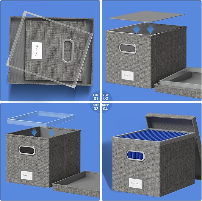 File Organizer Box File Boxes for Hanging Files with Lid Set of 3 Decorative Hanging Folders Letter Size Organizer with One-Piece Plastic Frame Slides (13.2 * 10.1 * 10.1in(3Pack), Grey)
