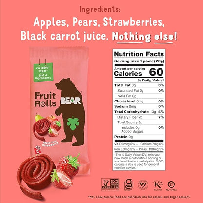 BEAR Real Fruit Snack Rolls - Gluten Free, Vegan, and Non-GMO - Strawberry – 36 Rolls, Healthy School And Lunch Snacks For Kids And Adults, 0.7 Ounce (Pack of 18)