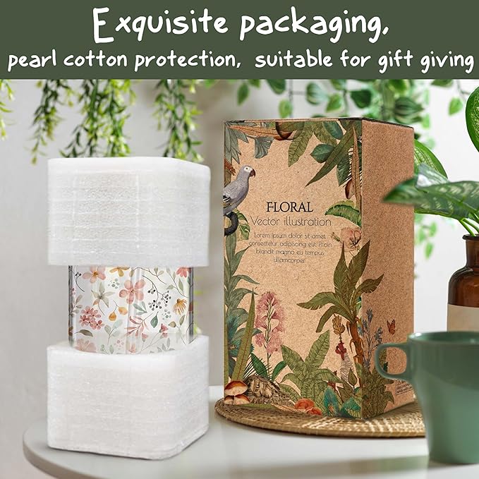 Floral Iced Glass Cups with Bamboo Lids and Straws 16oz Wildflower Coffee Cup Gift for Women Cute Flower Drinking Glass with Cleaning Brushes, Flower Gifts for Mother 's Day Birthday Bridesmaid Party