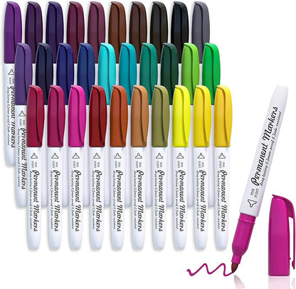 Lelix 30 Colors Permanent Markers, Fine Point, Assorted Colors, Works on Plastic,Wood,Stone,Metal and Glass for Kids Adult Coloring Doodling Marking