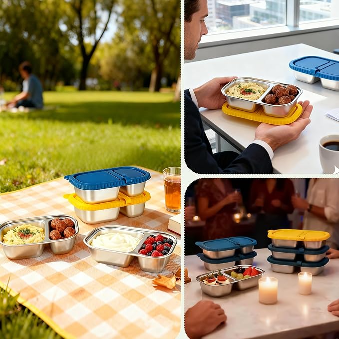 HI-REEKE 13 OZ Stainless Steel Snack Containers with Lids, 2 PCS Reusable Double Compartments Metal Snack Packs for Sauce