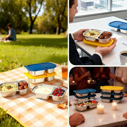 HI-REEKE 13 OZ Stainless Steel Snack Containers with Lids, 2 PCS Reusable Double Compartments Metal Snack Packs for Sauce