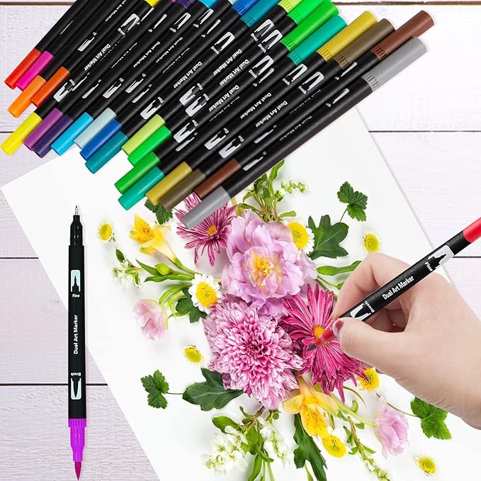100 Art Markers Set for Adult Coloring Books No Bleeding,Bullet Journal Pens for Artists Painting Calligraphy Dual Tip Markers Brush and Fine for Teens Women Drawing Coloring
