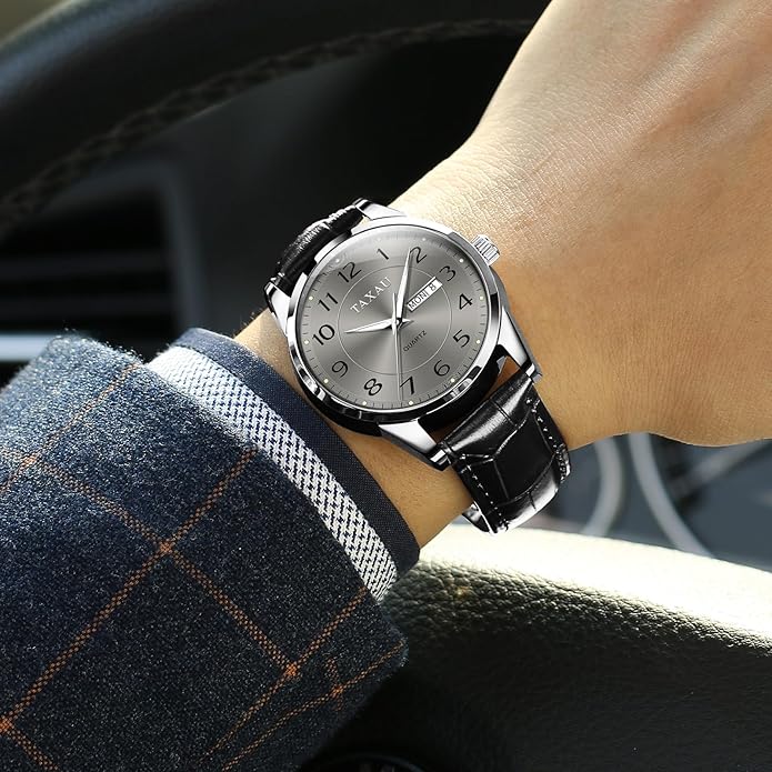 Men's Watch Big Face Easy Read Arabic Numeral Dress Watches for Men Classic Black Brown Leather Band Analog Mens Wrist Watch with Day and Date Fashion Business Waterproof Luminous Quartz Watch