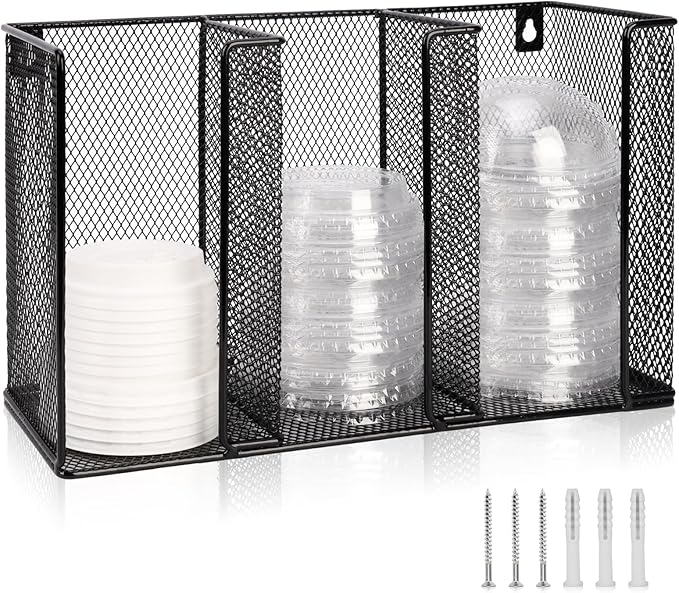 Wall Mount Coffee Cup Lid Holder Organizer 3 Compartments Coffee Cup Lid Dispenser Black Metal Mesh Disposable Cup and Lid Storage for 8-24 Oz Capacity Cup Lid Kitchen Restaurant Coffee Bar Office