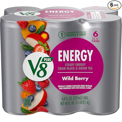 V8 +Energy Wild Berry Juice Energy Drink, 8 fl oz Can (6 Pack)