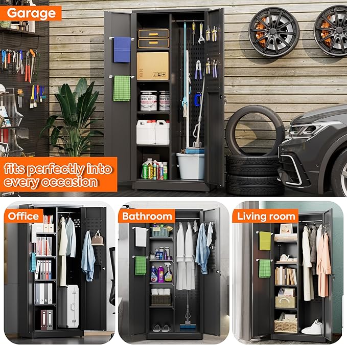 Broom Closet Storage Cabinet with 5 Pegboard, Hanging Rod &13 Hooks, Utility Metal Garage Storage Cabinets with Doors and 4 Shelves for for Garage Home Storage, Black,61.6" Hx27.6 Wx13.8 D