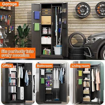 Broom Closet Storage Cabinet with 5 Pegboard, Hanging Rod &13 Hooks, Utility Metal Garage Storage Cabinets with Doors and 4 Shelves for for Garage Home Storage, Black,61.6" Hx27.6 Wx13.8 D