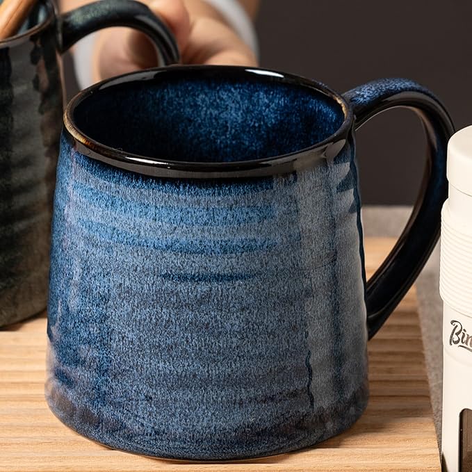 Ceramic Coffee mugs, 21 oz, Extra Large Mugs, Big Tea Cups, Large Handle, Pottery Mugs, Big Belly, Transmutation Glaze，Wide Bottom, stripe pattern, Microwave and Dishwasher Safe. (Blue)