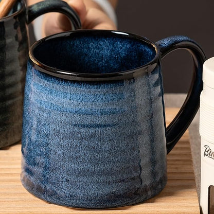 Ceramic Coffee mugs, 21 oz, Extra Large Mugs, Big Tea Cups, Large Handle, Pottery Mugs, Big Belly, Transmutation Glaze，Wide Bottom, stripe pattern, Microwave and Dishwasher Safe. (Blue)