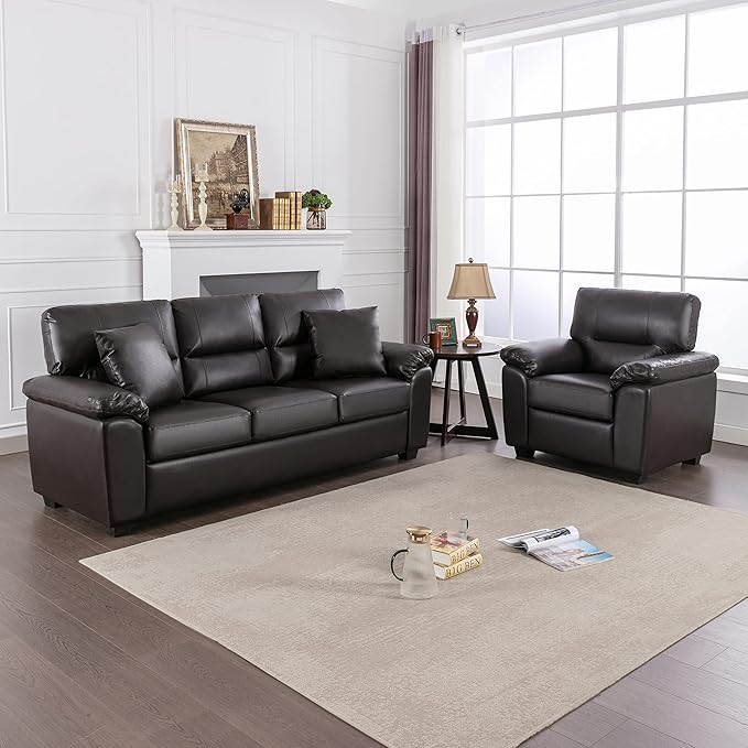 Morden Fort Faux Leather Sofa and Chair Set, Modern Luxury and Comfy Furniture Sleeper Couches Accent Chair for Living Room, Apartment, Office, Lounge Room, Bedroom