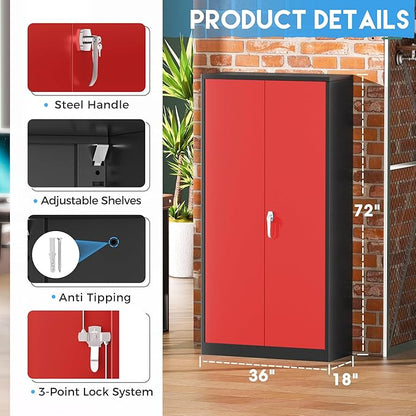 Greenvelly Metal Cabinet with 2 Doors and Adjustable Shelves, 72”H Steel Storage Cabinet, Locking Tall Metal Storage for Office, Home, Garage, School