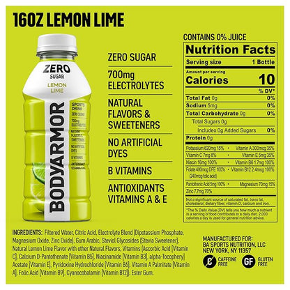 BODYARMOR ZERO Sugar Lemon Lime, Sugar Free Sports Drink - Low-Calorie Hydration - Natural Flavors with Potassium Packed Electrolytes, Antioxidants, and B-vitamins, 16 fl oz (pack of 12)