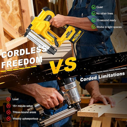 SILVEL 2" Cordless Brad Nailer, 2-in-1 21V Electric Brad Nailer with 2 * 2.0Ah Battery, 1000pcs Nails, 18GA Staples, Adjustable Depth for Woodworking, Home Improvement, yellow