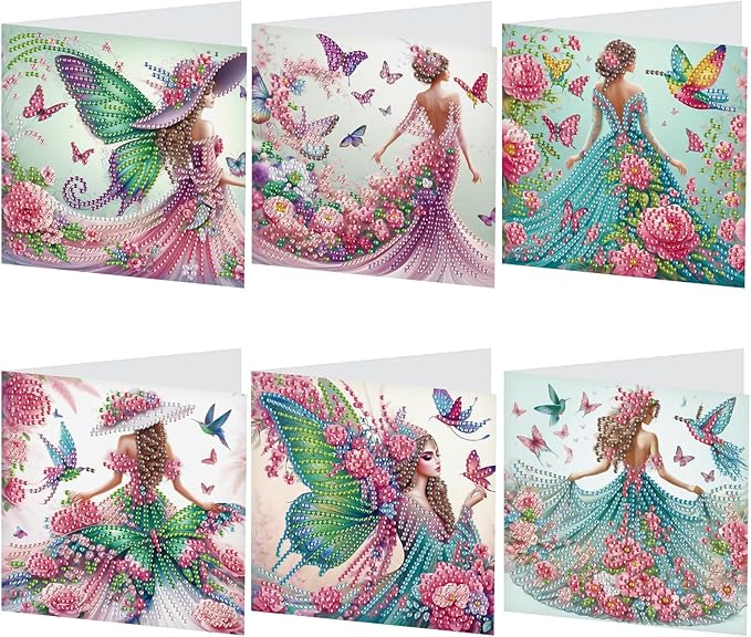 6pcs Diamond Painting Greeting Cards for Blessings and Wishes, - Madame Butterfly DIY Special Shape Crystal Diamond Art Partial, Surface flash Paper Material, DIY Gifts for Christmas Thanksgiving Day