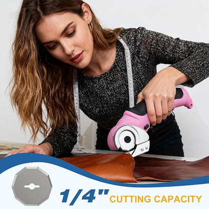 VLOXO Cordless Electric Scissors, Cardboard Cutter with Safety Lock 4.2V Electric Mini Cutter Power Rotary Scissors for Leather Felt Rug Box with Storage Box Pink
