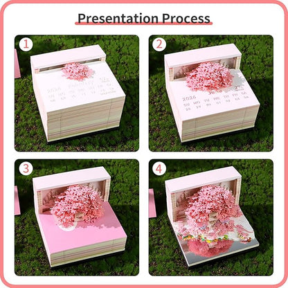 Time Piece Calendar 2026 Desk Calendar 3D Memo Pad Weekly Calendar Tear-Away Paper Carving Art Notepad Gift for Thanksgiving Christmas Office Desktop Decoration-Pink Flower Island
