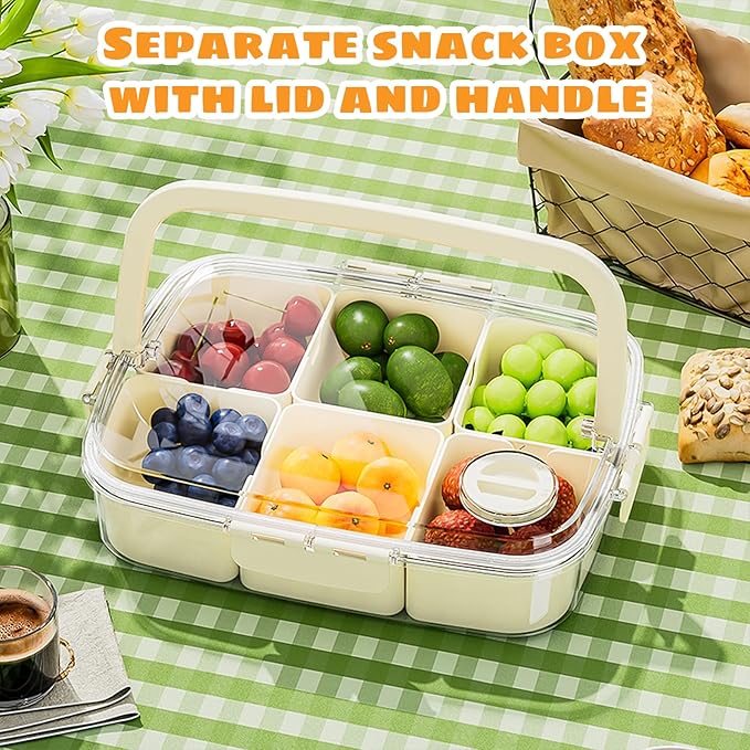 Divided Serving Tray with Lid and Handle, Portable Snackle Box Charcuterie Container,6 Compartments Snack Containers, Veggie Tray Fruit Tray Candy Organizer,Perfect for Party, Beach