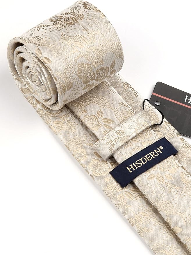 HISDERN Men Floral Ties Woven Classic 3.4" Necktie Set Formal Tie Pocket Square for Wedding with Handkerchief Gift Box