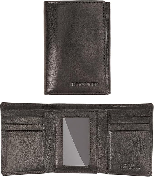 Genuine Leather Mens Trifold Wallet RFID Blocking 6 Credit Card Slots 1 ID Window Section for Bills 2 Hidden Pockets | Ink Black