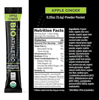 Probiotic + Electrolyte Hydration Drink Mix, with Vitamins D & B12, USDA Organic, NSF Certified for Sport, Subtle Apple Ginger Flavor, Naturally Light Taste, 10 Sticks