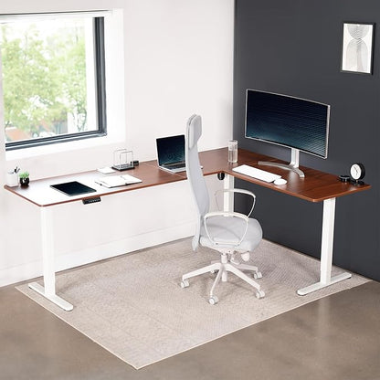 VIVO Electric Corner 84 x 63 inch L-Shaped Standing Desk, Memory Height Adjustment, Dark Walnut Top White Frame, DESK-E3CTWD-84