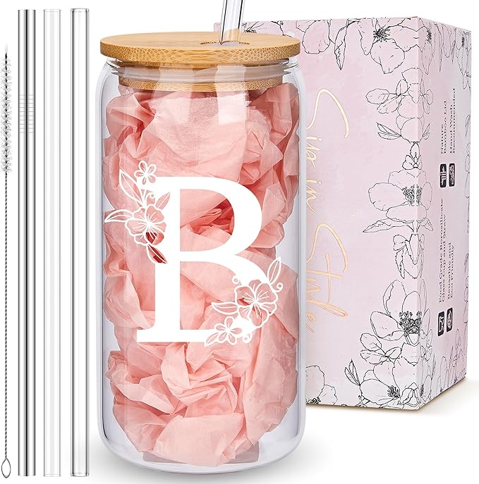 Personalized Tumbler, Monogrammed Can Glass Cups with Bamboo Lids and Straws, Customized Gifts for Women, Cute Design Initial Iced Coffee glasses, Custom Letter Mug, Birthday Bridesmaid, B