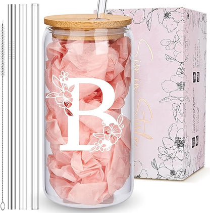 Personalized Tumbler, Monogrammed Can Glass Cups with Bamboo Lids and Straws, Customized Gifts for Women, Cute Design Initial Iced Coffee glasses, Custom Letter Mug, Birthday Bridesmaid, B