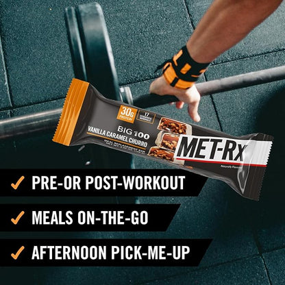 MET-Rx Big 100 Colossal Protein Bars, Vanilla Caramel Churro Meal Replacement Bars, Brown, 9 Count