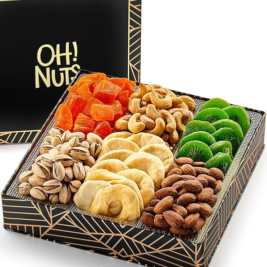Oh! Nuts 6 Section Dried Fruits and Nuts Gift Basket - Gourmet Assorted Fruit & Nut Gifts Baskets - Healthy Food Square Metal Tin Box - Festive Gifts for Holiday, Birthday, Corporate Women & Men