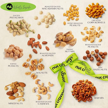 NUT CRAVINGS - Thanksgiving Mixed Nuts Gift Basket in Reusable Diamond Wooden Tray + Green Ribbon (13 Assortments) Holiday Xmas Christmas Food Arrangement Healthy Snack Care Package