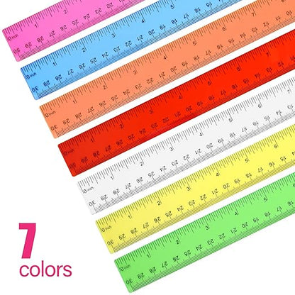 Clear Plastic Ruler 12 Inch Straight Rulers, Bulk Assorted Colors, Shatterproof Ruler with Inches and Centimeters for School Classroom, Home, or Office (8 Pack)