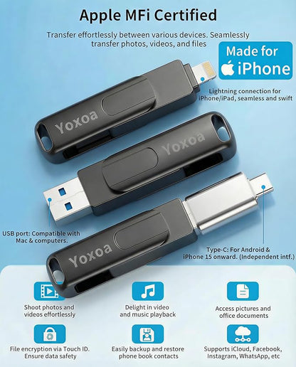 MFi Certified 512GB Flash Drive for iPhone & iPad, High-Speed Photo Stick for External Memory Storage, Backup & Transfer Files, USB Stick for iPhone/iPad/iOS/Android/PC (Available Space: ~484GB)Black