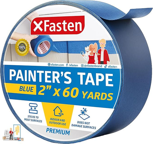 XFasten Professional Blue Painters Tape, Sharp Edge Line Technology, 2" by 60 Yards (Single Pack) - Produces Sharp Lines and Residue-Free Artisan Grade Clean Release Wall Trim Tape