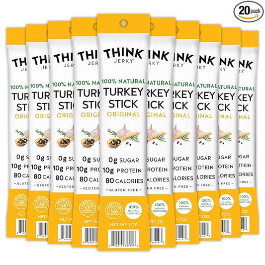 Think Jerky All-Natural Turkey Sticks, Gluten and Sugar Free, No Nitrates, Keto Paleo Friendly High Protein Low Carb Meat Snack - 1.0 oz Sticks, 20 Pack