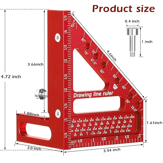 3D Multi-Angle Measuring Ruler -Precision Woodworking 3D Square Protractor 22.5-90 Degree and Miter Triangle Ruler - Aluminum Alloy Drawing Line Ruler for Engineer Carpenter and Craftsmen Red…