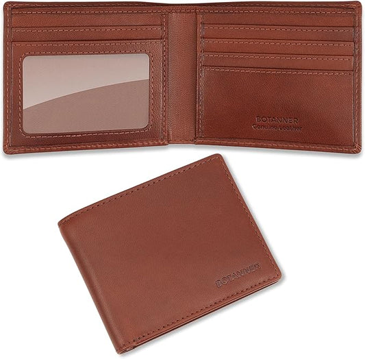 Genuine Leather Bifold Mens Wallet Slim RFID Blocking 5 Credit Card Slots 1 ID Window 2 Sections for Bills 2 Additional Slots | Dark walnut brown