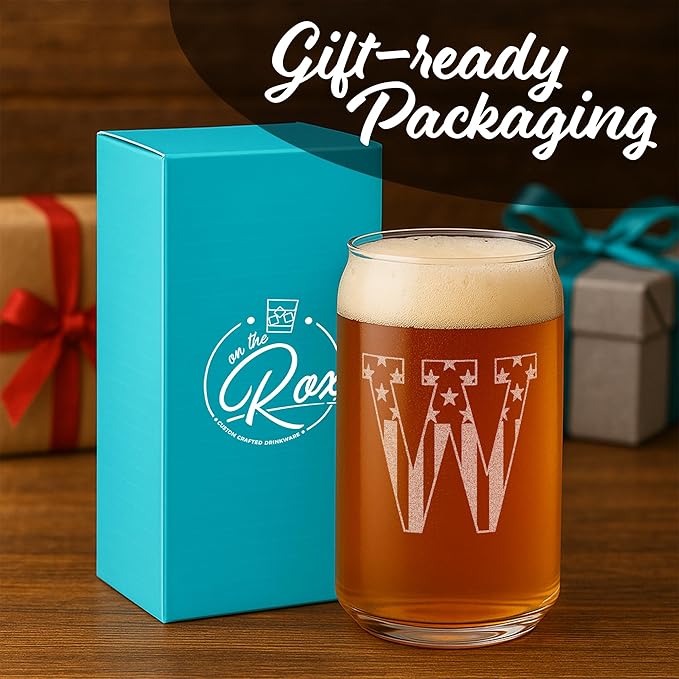 Monogram Beer Glasses for Men (A-Z) 16 oz - Beer Gifts for Men Brother Son Dad Neighbor - Unique Gifts for Him - Personalized Drinking Gift Beer Glass Mugs - Engraved Beer Can Glass (W)