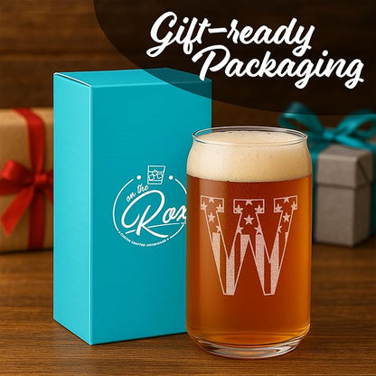 Monogram Beer Glasses for Men (A-Z) 16 oz - Beer Gifts for Men Brother Son Dad Neighbor - Unique Gifts for Him - Personalized Drinking Gift Beer Glass Mugs - Engraved Beer Can Glass (W)
