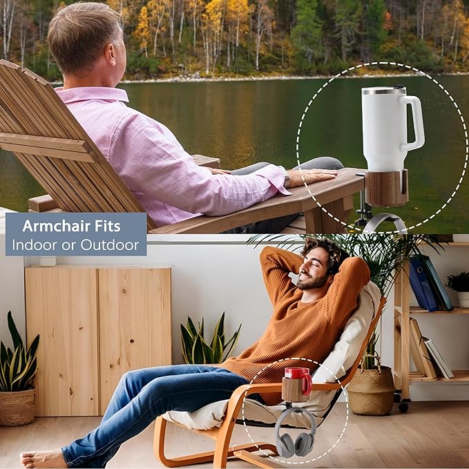 Nnewvante Desk Cup Holder, 2 in 1 360° Rotating Headphone Hanger Under Desk, 360° Anti-Spill Cup Holder, Table Cup Holder for Water Bottles, Gaming Desk Accessories - Acacia Wood