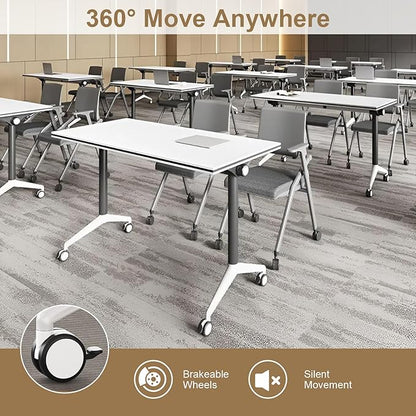 Conference Table, Folding Conference Room Table On Wheels Foldable Office Conference Table Moderen Modular Conference Training Table for Classroom Meeting (White Black 47.2IN 4PCS)