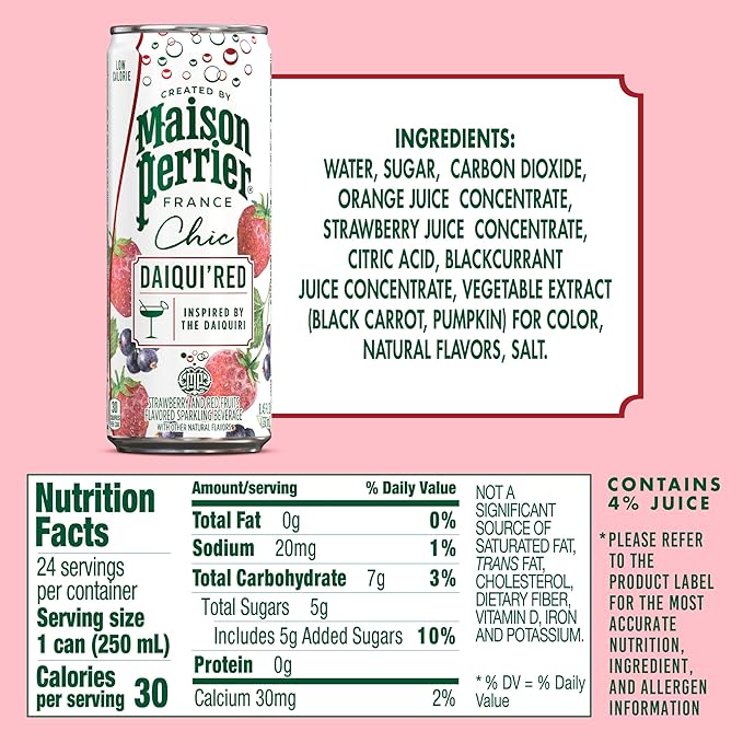 Maison Perrier Chic Daiqui’Red Strawberry and Red Fruits Flavored Sparkling Beverage, Low Calorie, Mocktail, 24-Pack