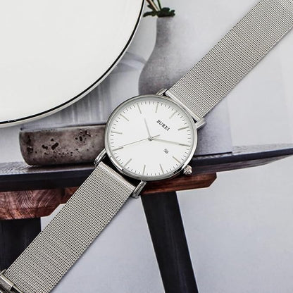BUREI Men Watches Brown Leather Fashion Minimalist Wrist Watch Simple Ultra Thin Waterproof Quartz Watches All Black Stainless Steel Mesh Band,Gift for Men Women