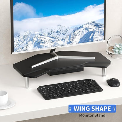 Monitor Stand Riser Black,Plane Wing-Shaped Sturdy Computer Stand Ergonomic Desk Organizer Riser Wood Monitor Stand with Drawer for Laptop, Computer,16.5 Inch