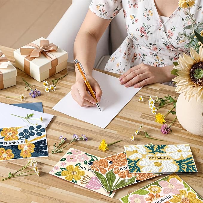Saillong 12 Pack Flower Thank You Diamond Painting Greeting Card Kits DIY Spring Diamond Art Cards with Envelopes Floral 5D Rhinestones Painting Making Kits for Adults DIY Craft Family Birthday Gifts