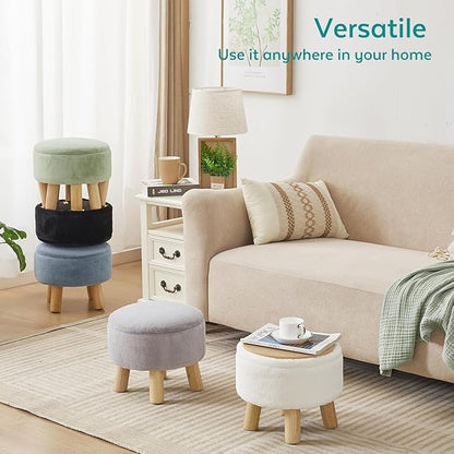 Small Foot Stool Ottoman with Storage, Faux Fur Ottoman Foot Rest for Couch, Round Footstool with Storage, Small Ottomans and Footstools for Living Room and Entryway (White)